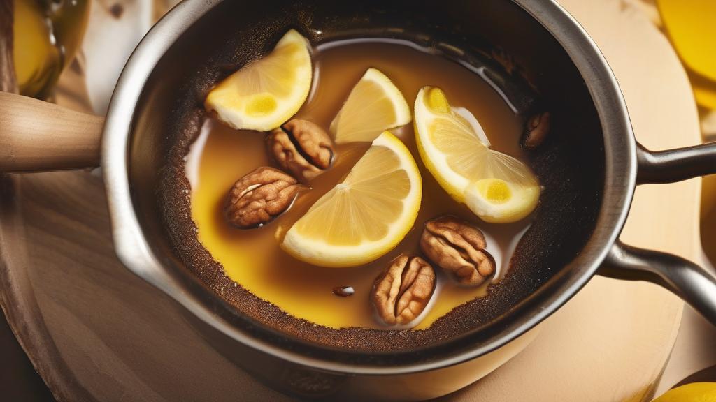 Eine dynamische Nahaufnahme von frischem Zitronensaft, der in die heiße braune Butter und die Walnussmischung in einem Topf gegossen wird und ein köstliches Zischen und leichten Dampf erzeugt. Die Szene ist in warmes goldgelbes Licht getaucht. Fotorealistisch, 16:9 Breitbild, kein Text.