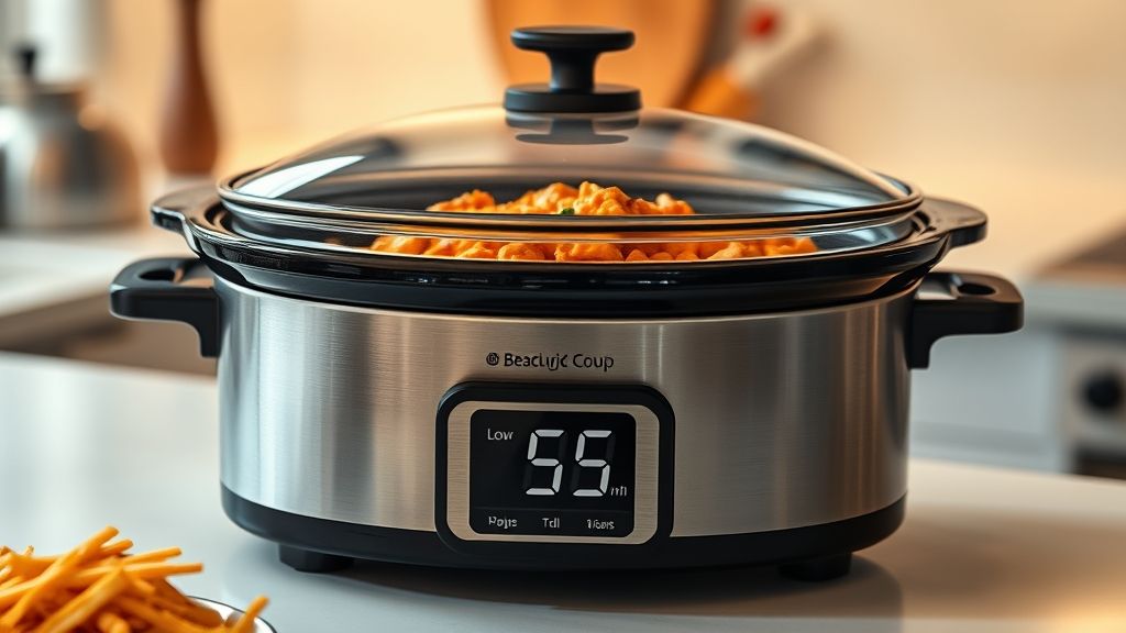 Slow cooker with buffalo chicken dip cooking on low heat