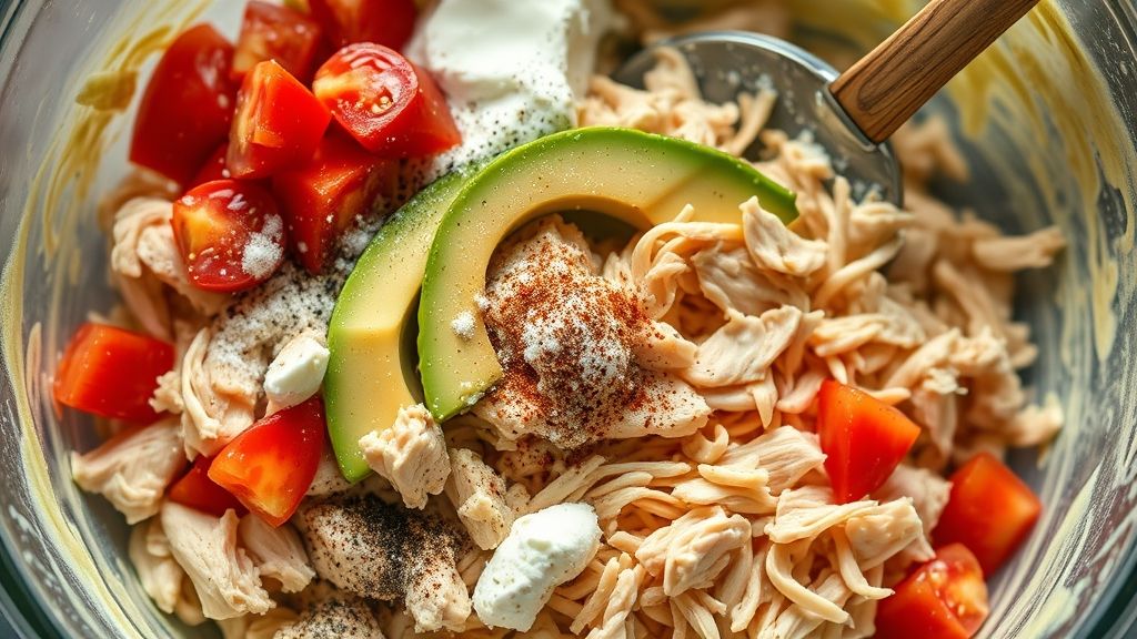 Mélange du poulet et des épices avec du fromage à la crème et de l'avocat dans un grand saladier