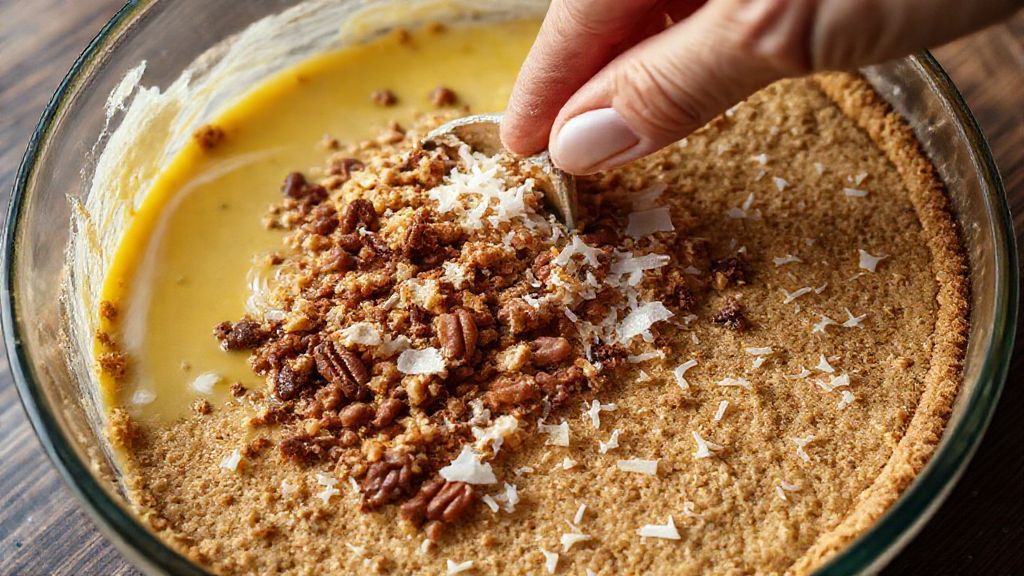 Mezclando y extendiendo el relleno de las barritas de tarta de aserrín