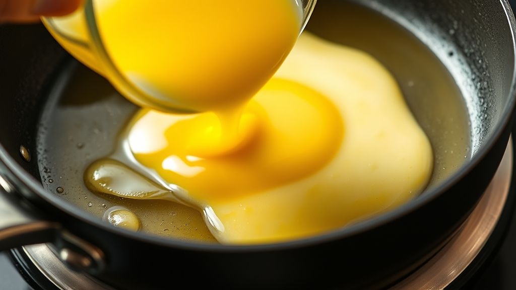 Ultra-close-up shot of beaten eggs being poured from a small bowl into a hot nonstick pan, beginning to set around the edges. Golden yellow tones, 16:9 widescreen.