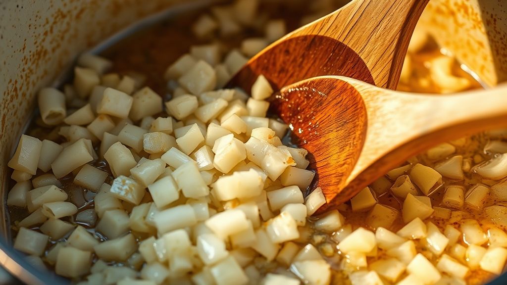 Ultra-Nahaufnahme, fotorealistisches 16:9-Bild von fein gehackten weißen Zwiebeln, die in einem Bräter weich werden und mit geschmolzenem Fett und Tröpfchen glänzen. Ein Holzlöffel rührt die Zwiebeln sanft um, die langsam durchsichtig werden. Die Szene ist in ein weiches, warmes goldgelbes (#fdc754) Licht getaucht.
