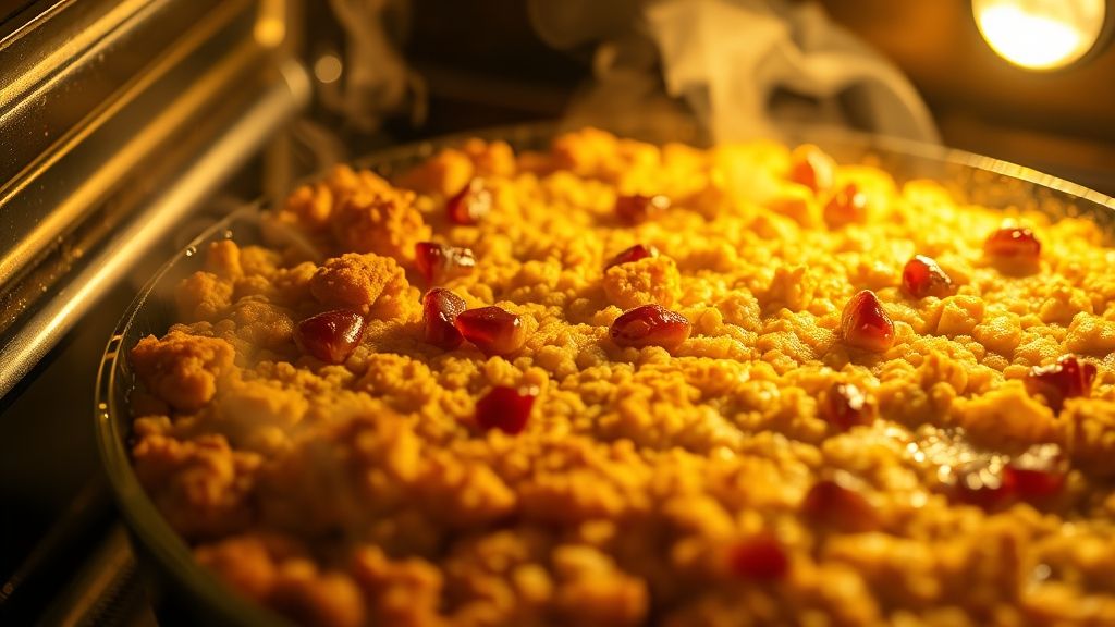 Gros plan ultra-rapproché du crisp aux pommes et à la grenade en train de cuire dans un four chaud, montrant le dessus doré et bouillonnant et les fruits ramollis en dessous. De la vapeur s'élève doucement des bords. Photoréaliste, format d'image 16:9, avec des tons jaune doré riches (#fdc754).