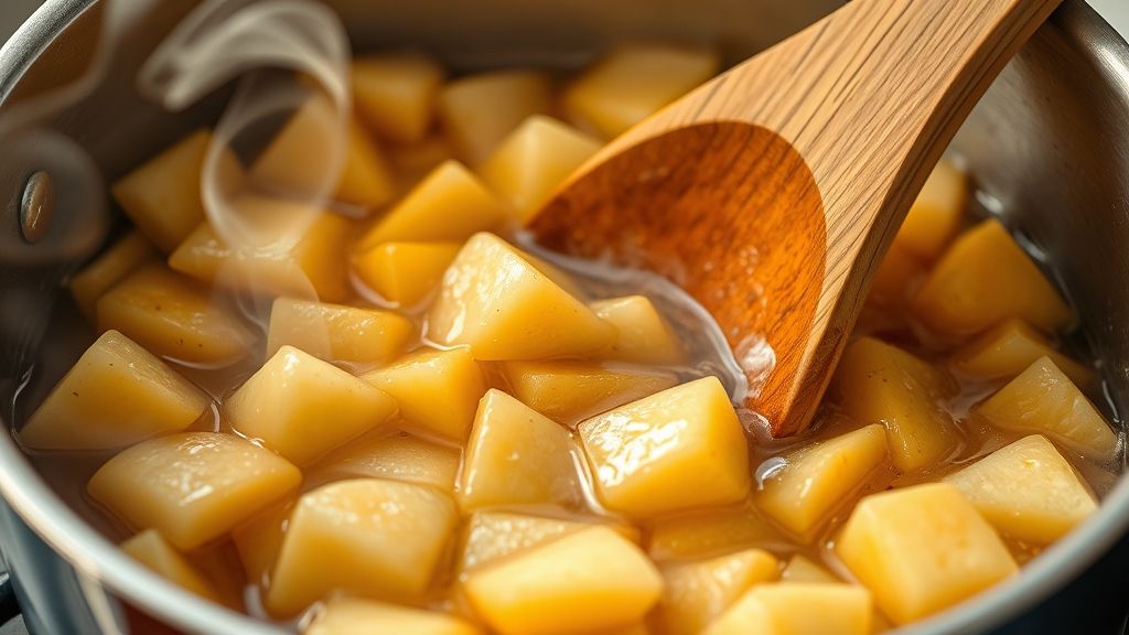 Ultra-close-up, photorealistic, 16:9 shot of the apple mixture gently boiling in a saucepan, with steam rising. A wooden spoon stirs the tender-crisp apple pieces. The scene is illuminated by warm, golden yellow light, showing the slight translucency of the cooking apples, no text.