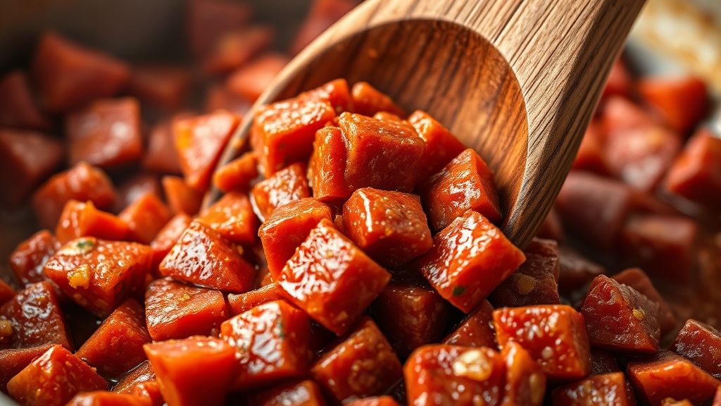 Primerísimo plano de una cuchara de madera machacando activamente chorizo rojo vibrante en una olla caliente, desmenuzándolo en trozos más pequeños y sabrosos. El chorizo está empezando a dorarse y chisporrotear, con un tono dorado rico. Fotorealista, pantalla panorámica 16:9.