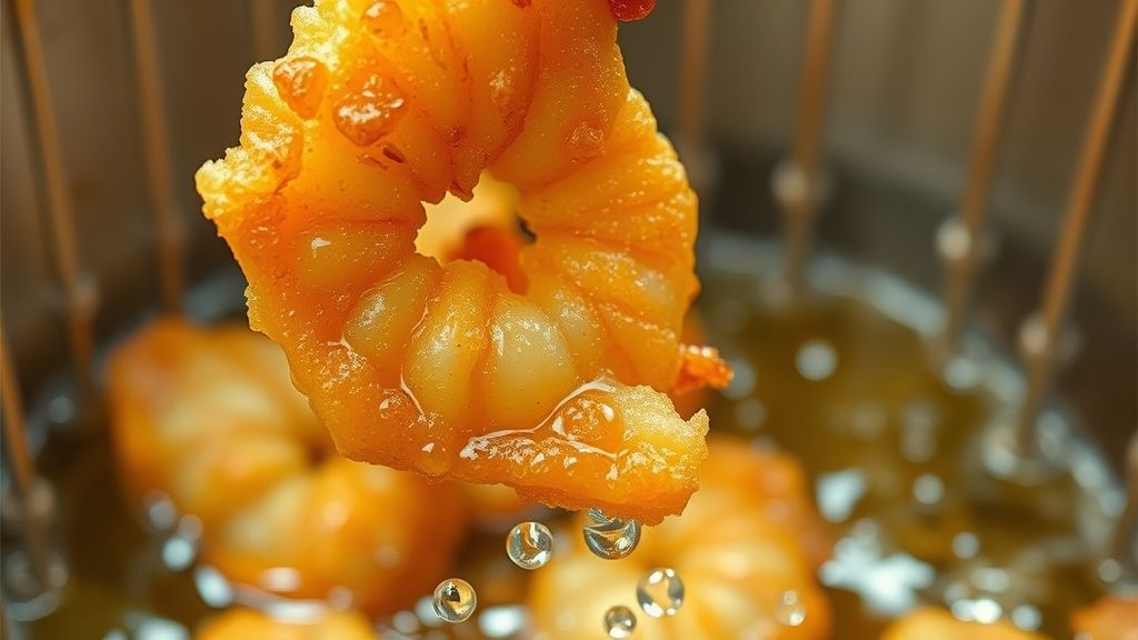 Ultra-close-up, photorealistic 16:9 image of a piece of perfectly fried tempura (e.g., a shrimp or a vegetable slice) being lifted from a deep fryer basket, glistening with oil, and showing a light golden-brown color and incredibly crispy, airy texture. Hot oil bubbles are visible in the background, with warm golden-yellow (#fdc754) tones dominating the scene.