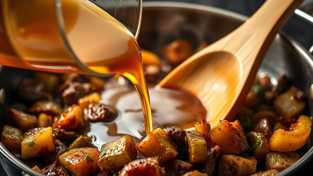 Ultra-close-up, photorealistic shot of a cup of beef broth being poured into the skillet over the sautéed vegetables. A wooden spoon is actively scraping the bottom of the pan, loosening caramelized bits. Gentle steam should be visible. Warm golden yellow (#fdc754) lighting. 16:9 widescreen.