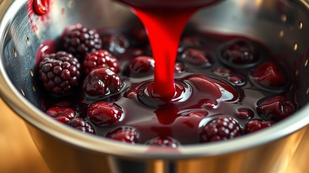 Ultra-Nahaufnahme, fotorealistisches 16:9-Bild eines Edelstahlsiebs, das gekochte Beeren hält, mit einem Strom von tiefrotem, glänzendem Fruchtsaft, der in eine weiße Schüssel darunter fließt. Die Szene ist in warmem goldgelben Licht getaucht, das die Farbe der Flüssigkeit betont.