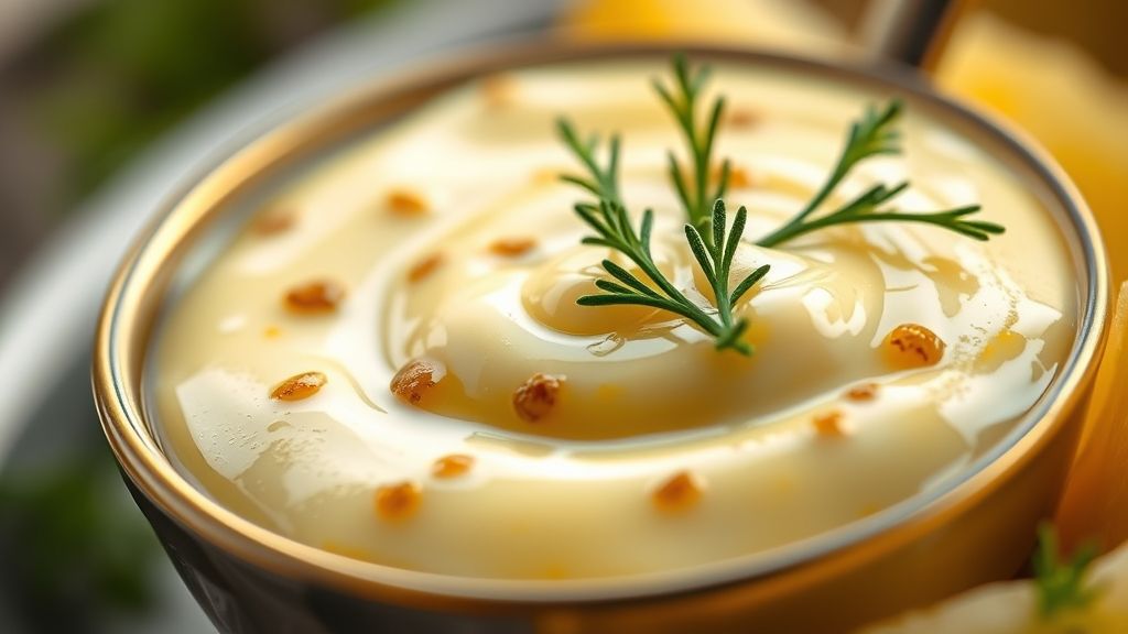 Un primer plano de la salsa tártara terminada en un pequeño plato de servir elegante, adornada con una pequeña ramita de perejil o eneldo fresco. La salsa es perfectamente cremosa con trocitos visibles de relish. El fondo está ligeramente desenfocado, realzando los tonos amarillos dorados de la escena. Fotorealista, relación de aspecto 16:9, sin texto.