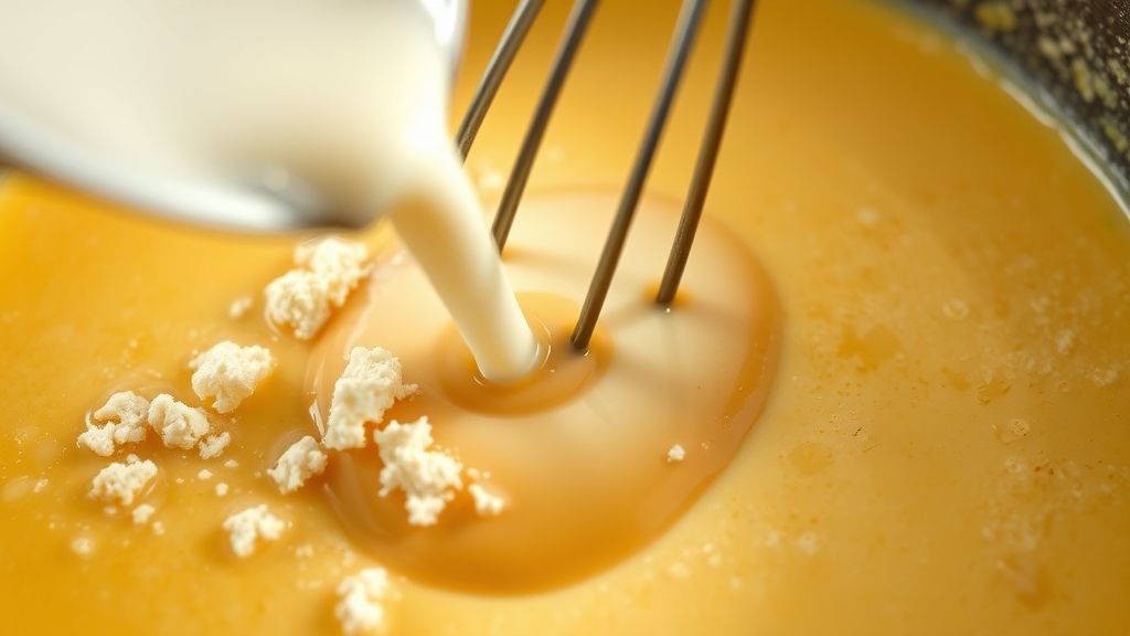 Ultra-Nahaufnahme von Milch, die langsam in die verdickte Käse- und Mehlmischung in einem Soßentopf eingearbeitet wird. Die Sauce wird allmählich glatter und verwandelt sich von dicken Klumpen in eine homogene, samtige Flüssigkeit, beleuchtet mit goldgelben Tönen (#fdc754). Fotorealistisch, 16:9 Breitbild-Format.