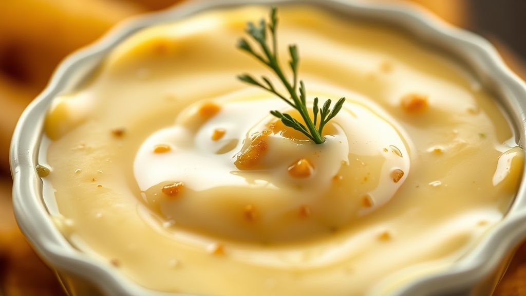 Eine Nahaufnahme der fertigen Tartar-Sauce in einer kleinen, eleganten Servierschale, garniert mit einem winzigen Zweig frischer Petersilie oder Dill. Die Sauce ist perfekt cremig mit sichtbaren Relish-Flocken. Der Hintergrund ist sanft unscharf, was die goldgelben Töne der Szene hervorhebt. Fotorealistisch, Seitenverhältnis 16:9, kein Text.