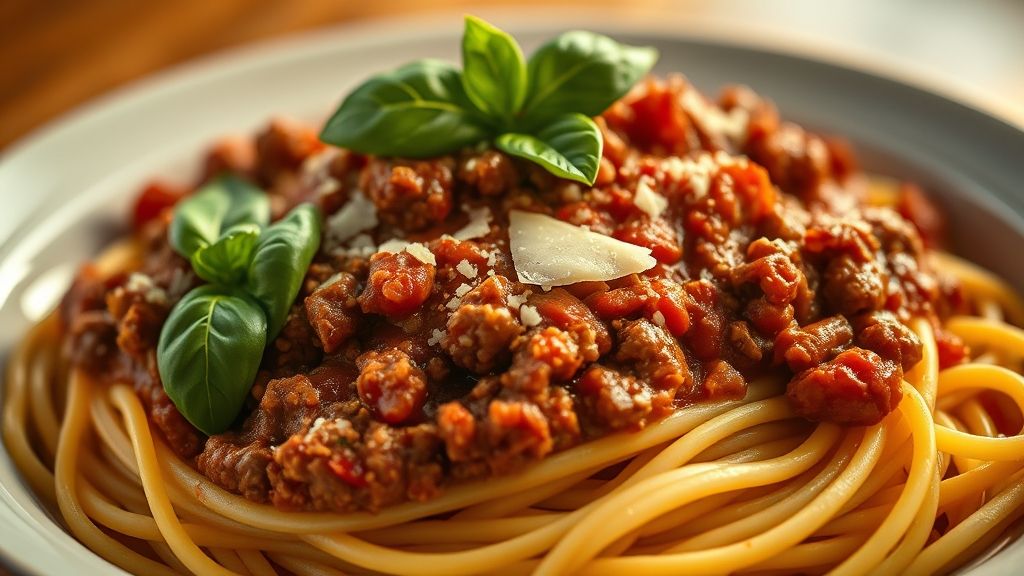 A beautifully plated serving of homemade spaghetti sauce with ground beef over perfectly cooked spaghetti, garnished with fresh basil leaves and a sprinkle of Parmesan cheese. The sauce is rich and vibrant, steam gently rising. Warm, golden-yellow (#fdc754) lighting, emphasizing comfort and deliciousness. Photorealistic, 16:9 widescreen aspect ratio.
