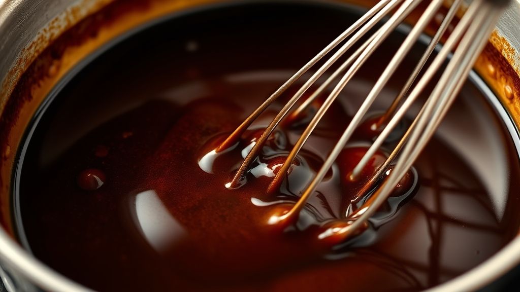 Eine ultra-nahe, fotorealistische, 16:9 Breitbildaufnahme einer reichen, dunkelbraunen Teriyaki-Sauce, die sanft in einem Topf blubbert und eindickt. Ein Schneebesen rührt die Sauce aktiv um und erzeugt glatte, glänzende Streifen. Die Sauce haftet leicht am Schneebesen. Warme, goldgelbe (#fdc754) Beleuchtung verstärkt die glänzende Textur der Sauce. Kein Text oder Menschen.