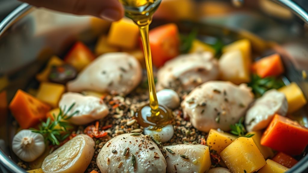 An immersive, 16:9 photorealistic close-up of olive oil being drizzled over chicken and mixed vegetables in a large bowl, with various dried herbs and spices (garlic, oregano, thyme, paprika, salt, pepper) visibly sprinkled over them. Hands are blurred in motion, gently tossing the ingredients to coat them, under a soft golden yellow light.
