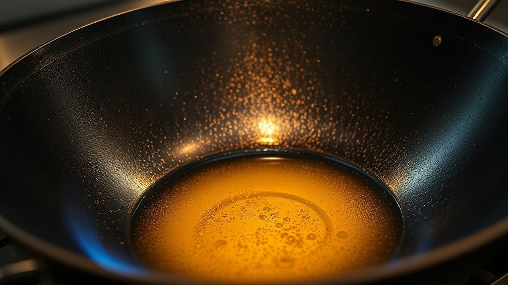 Ultra-close-up, photorealistic 16:9 image of a well-seasoned wok heating over a high flame, with a thin sheen of vegetable oil shimmering at the bottom, glowing with a golden-yellow (#fdc754) light. No text.