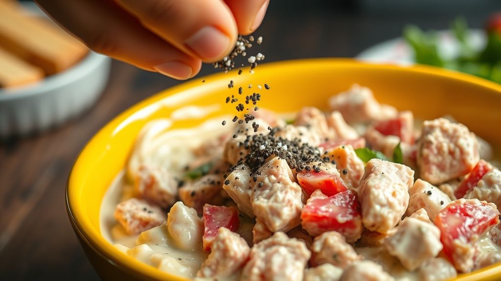 Un gros plan ultra-rapproché, une photo réaliste d'une main saupoudrant du poivre noir et du sel sur la salade de thon fraîchement mélangée. La salade est dans un bol jaune doré, et les assaisonnements se déposent visiblement sur la surface crémeuse. Format panoramique 16:9. Aucun texte, mots ou filigranes.