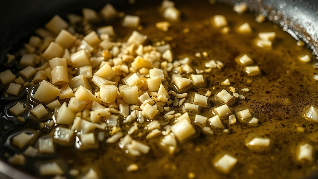 Ultra-close-up, photorealistic shot of finely diced eschalots and minced garlic sizzling gently in melted butter and olive oil in a non-stick pan, with a warm golden yellow (#fdc754) glow. 16:9 widescreen aspect ratio, no text.