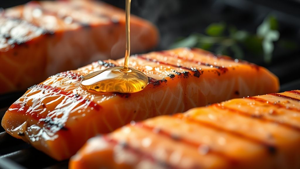 Close-up of salmon fillets grilling or broiling, showing the edges just starting to turn opaque and develop some color. A fine mist of cooking oil is being sprayed onto one fillet, catching the warm golden yellow (#fdc754) light. 16:9 aspect ratio.