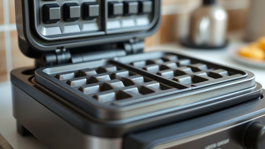 A modern electric waffle maker, closed and preheating, with a small indicator light showing it's ready. A faint wisp of steam might be visible. The appliance is clean and on a kitchen counter, awaiting batter.