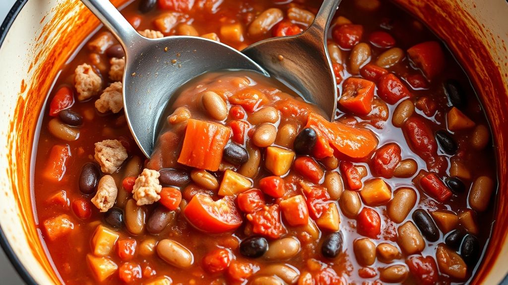 All ingredients – browned turkey, canned diced tomatoes (undrained), rinsed kidney and black beans, tomato sauce, and chicken or vegetable broth – have been added to the large Dutch oven. The mixture is colorful and rich, being gently stirred with a large spoon, ready for simmering.