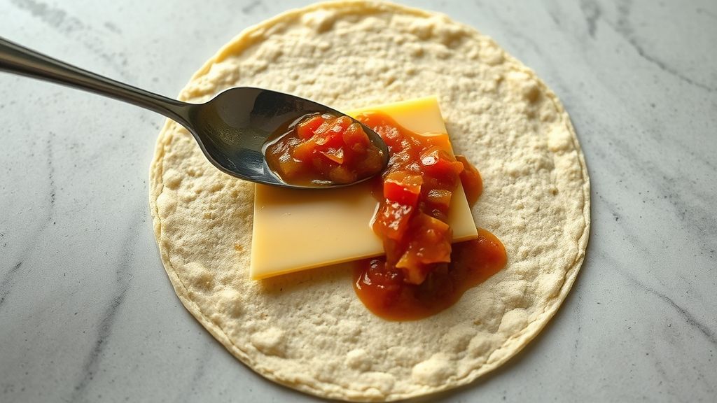 A warm tortilla laid flat on a clean surface, with a slice of reduced-fat American cheese perfectly centered. A spoon is shown carefully adding the freshly cooked, firm egg and salsa mixture on top of the cheese, ready for wrapping.