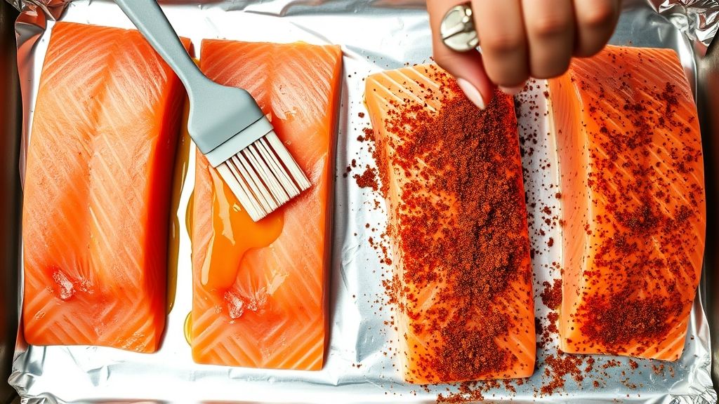 Four raw salmon fillets arranged neatly on a foil-lined baking sheet. A hand is seen brushing olive oil onto one of the fillets with a silicone basting brush, while another fillet is being generously sprinkled with the BBQ spice mixture, showing the deep red seasoning coating the pink fish.