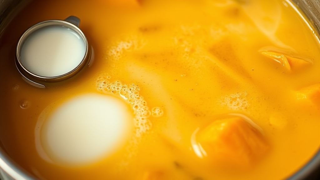 La olla de base pesada llena de caldo de verduras, la leche de coco entera restante y un chorro de salsa de pescado, cocinando a fuego lento con los trozos de calabaza y la base aromática. Una pequeña taza de medir contiene la reservada 1/4 taza de leche de coco cerca. El líquido es de un color naranja claro cremoso, y pequeñas burbujas se están formando en la superficie. Una luz suave ilumina la escena.