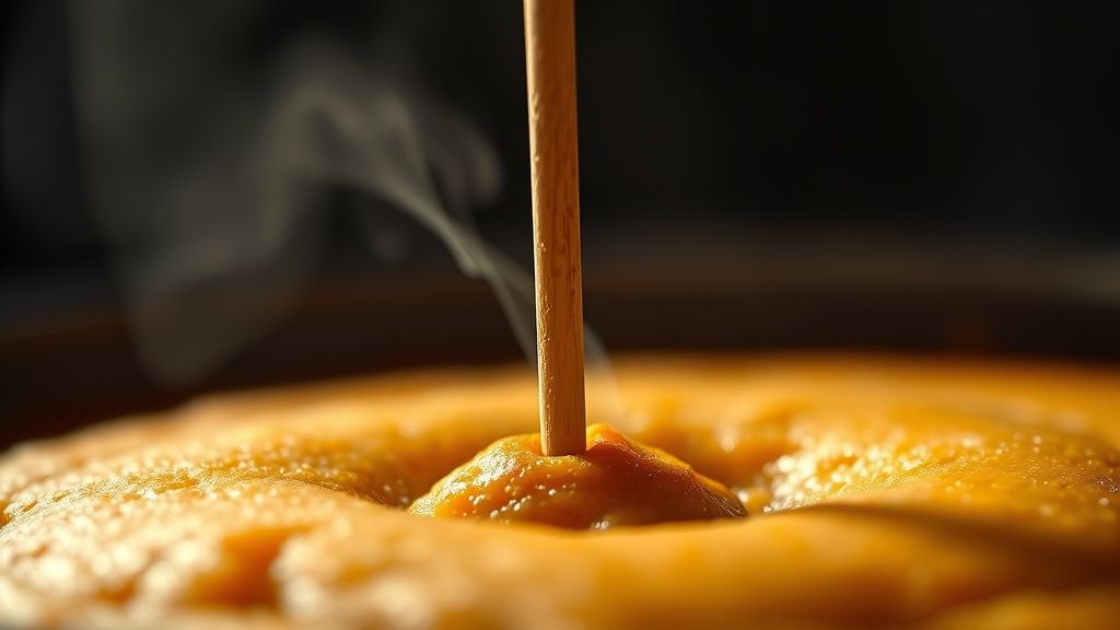 A close-up shot of a toothpick being inserted into the center of one of the baking pumpkin cake layers, with a faint wisp of steam rising. The cake surface is golden brown, and the toothpick appears clean upon removal, indicating doneness.