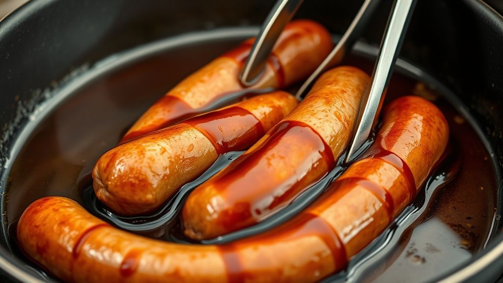 An uncovered large nonstick skillet on medium heat, with the non-alcoholic beer glaze actively boiling and visibly reducing to a thick, syrupy consistency. The bratwurst sausages within the skillet are being gently rolled with tongs or a spatula, becoming beautifully coated in the dark, sticky glaze. The brats show signs of browning and caramelization.