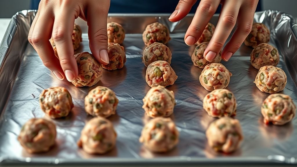 Hands dampened with water, gently rolling tablespoon-sized portions of the meatball mixture into uniform spheres on a foil-lined, greased sheet pan. Several perfectly shaped raw meatballs are already spaced out on the pan.