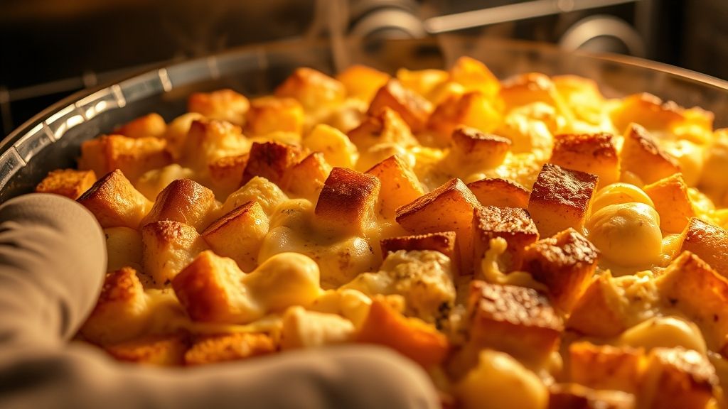 Ein goldbrauner Hähnchen-Nudel-Auflauf, frisch aus dem heißen Ofen gezogen, mit gerösteten Brotwürfeln und geschmolzenem Käse, die eine köstliche Kruste bilden. Dampf steigt sanft auf, was anzeigt, dass er heiß und servierfertig ist. Ein Paar Ofenhandschuhe ist sichtbar.