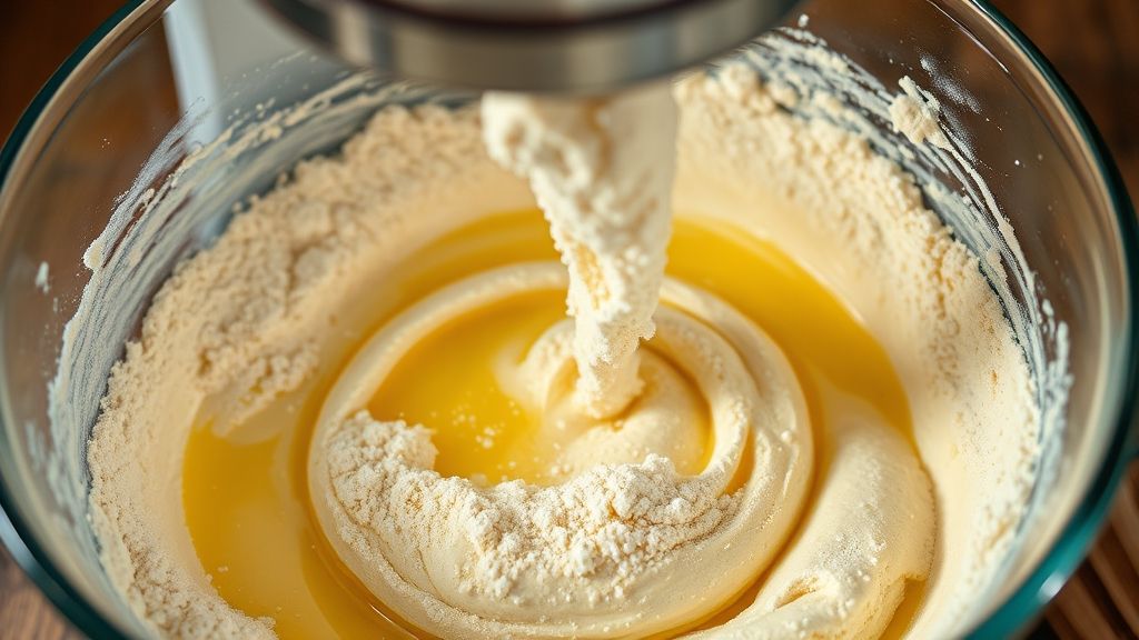 Gradually adding dry ingredients to wet cookie dough, mixing on low speed