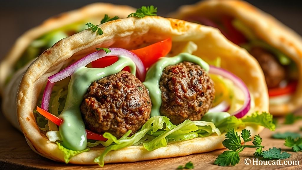 Assembled Moroccan lamb meatball pita sandwich
