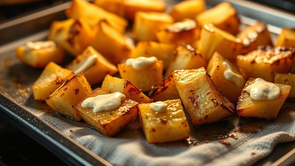 Grillen der mit Mayonnaise überzogenen Kartoffeln bis sie knusprig sind