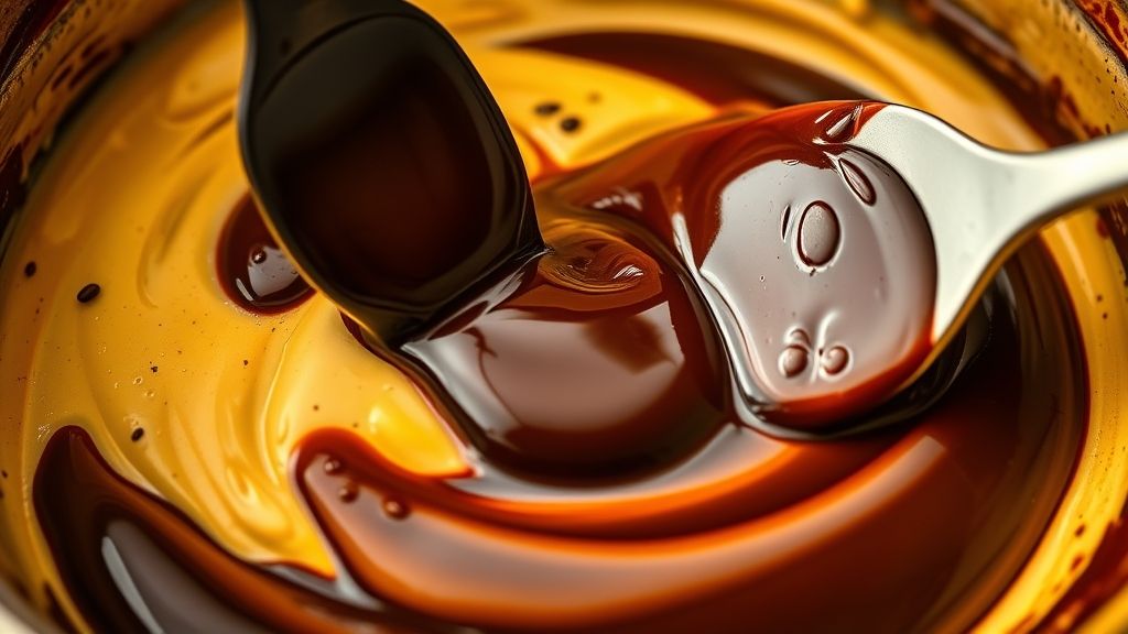 An ultra-close-up shot of rich, melted dark chocolate being poured into the cream cheese mixture, with a spatula gently folding it in to create a uniform, dark, glossy blend. The image is warm with golden yellow hues, in a 16:9 widescreen aspect ratio, highlighting the luxurious texture of the chocolate.