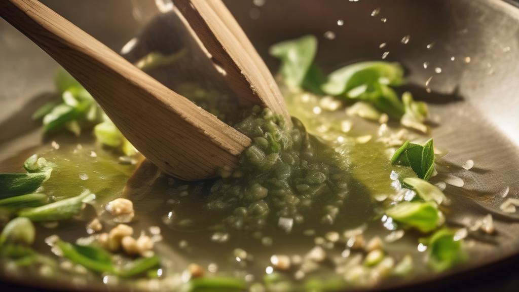 Eine lebendige Nahaufnahme von fein gehackten frischen Estragonblättern, die in die fertige braune Buttersauce mit Walnüssen und Zitrone gerührt werden. Eine Prise flockiges Meersalz ist sichtbar und glitzert unter goldgelber Beleuchtung. Fotorealistisch, 16:9 Breitbild, kein Text.