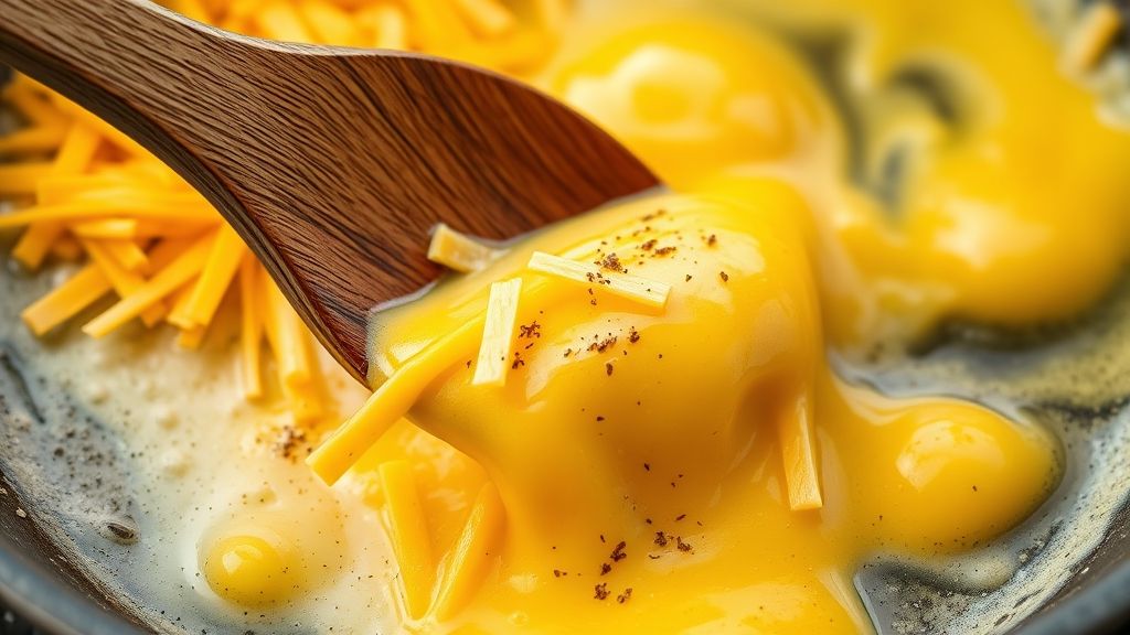 Ultra-close-up shot of a wooden spoon gently stirring shredded Cheddar and Swiss cheese into partially cooked, fluffy eggs in a nonstick pan, with salt and pepper sprinkles visible. Golden yellow tones, 16:9 widescreen.