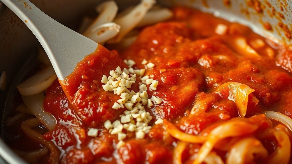 Ultra-Nahaufnahme, fotorealistisches 16:9-Bild, das zeigt, wie Knoblauch, der zu den weichen Zwiebeln in einem Bräter gegeben wird, leichten Dampf abgibt. Eine reichhaltige, rote Tomatenpaste wird mit einem Silikonspatel eingerührt und beginnt sich mit den Aromen zu verbinden. Die Farben sind tief und einladend, mit warmen goldgelben (#fdc754) Akzenten.