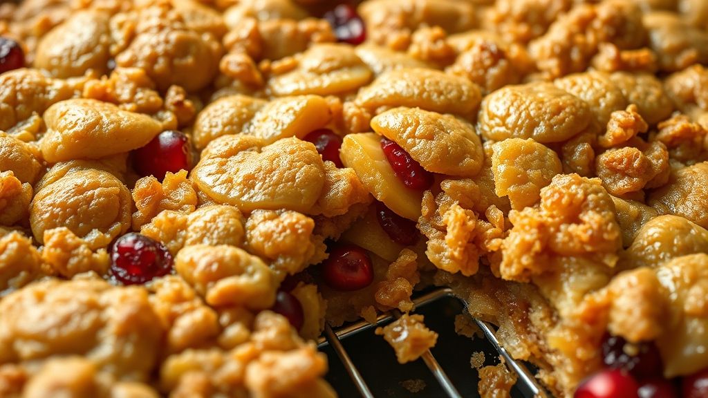 Ultra-close-up of the finished apple and pomegranate crisp, fresh out of the oven, resting on a cooling rack. The topping is perfectly golden and slightly cracked, with hints of fruit peeking through. Photorealistic, 16:9 widescreen aspect ratio, with prominent golden yellow tones (#fdc754).