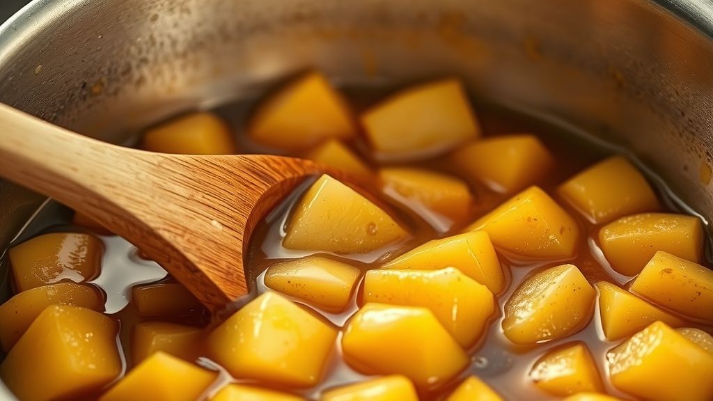 Ultra-close-up, photorealistic, 16:9 shot of the uncovered saucepan, revealing softened, perfectly tender apple chunks, coated in a shimmering, reduced sauce. A wooden spoon rests inside, ready to stir. The golden yellow lighting highlights the rich, cooked texture of the apples, no text.
