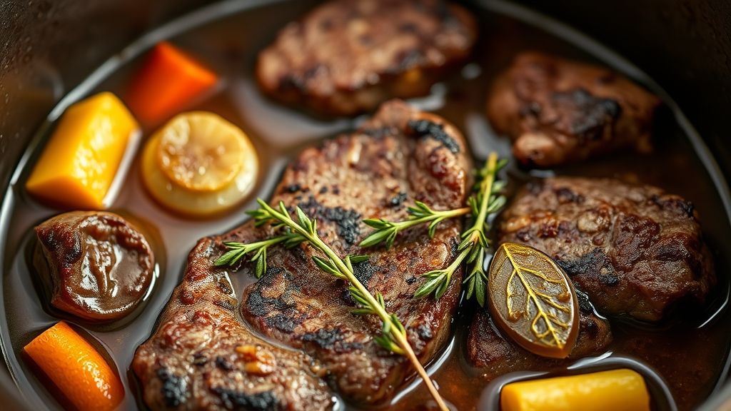 Ultra-close-up, photorealistic shot of seared beef pieces nestled back into the skillet with the vegetables and simmering liquid. Sprigs of fresh thyme and bay leaves are visible, and the liquid reaches about two-thirds up the meat. Warm golden yellow (#fdc754) lighting. 16:9 widescreen.