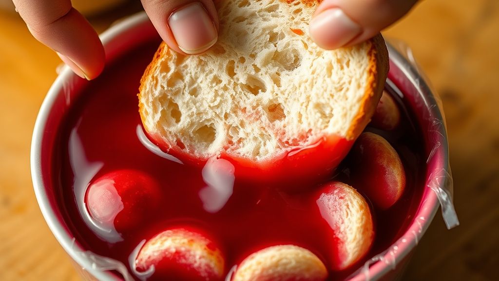 Ultra-Nahaufnahme, fotorealistisches 16:9-Bild einer Hand, die eine krustenlose Scheibe Weißbrot in eine Schüssel mit rubinrotem Beerensaft taucht, wobei mehrere mit Saft getränkte Brotscheiben bereits ordentlich die Innenseite einer mit Frischhaltefolie ausgekleideten Puddingschüssel auskleiden. Das Brot ist prall und rubinfarben, unter goldgelbem Licht.