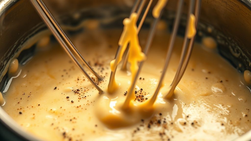 Ultra-Nahaufnahme der köchelnden Alfredo-Sauce in einem Soßentopf, in die italienische Gewürze, Salz und schwarzer Pfeffer gestreut werden. Ein Schneebesen rührt die Sauce sanft um und enthüllt ihre cremige, luxuriöse Textur, während Dampf aufsteigt. Die Szene glüht in goldgelb (#fdc754). Fotorealistisch, 16:9 Breitbild-Format.