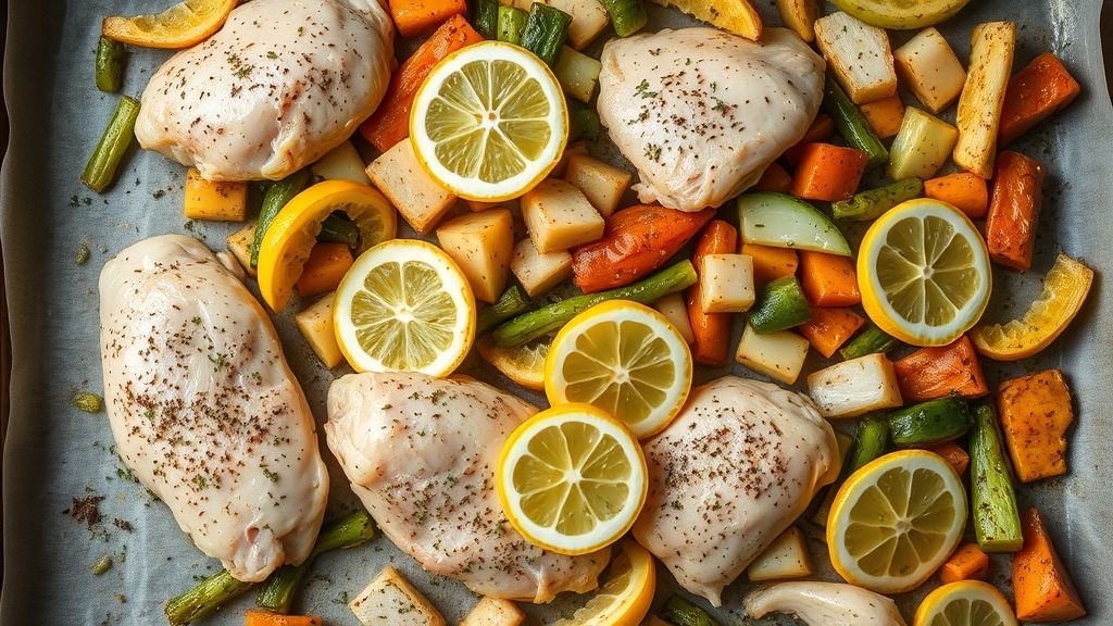 An overhead, 16:9 photorealistic shot of the seasoned chicken and mixed vegetables, along with thin lemon slices, evenly spread in a single layer on a parchment-lined baking sheet, ready for the oven. The textures and colors are distinct, with an inviting golden yellow hue.
