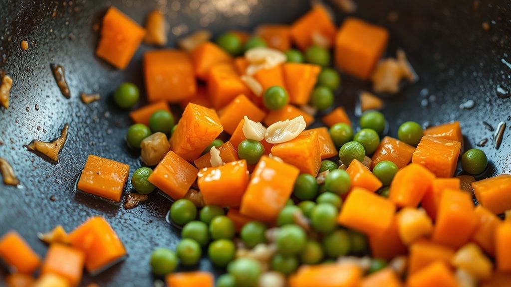 Ultra-close-up, photorealistic 16:9 image of diced carrots, green peas, and minced garlic sizzling in a hot wok, vibrant colors contrasting with the dark wok surface. The scene is bathed in golden-yellow (#fdc754) tones. No text.
