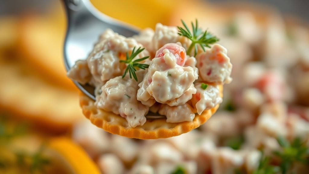 Un gros plan ultra-rapproché, une photo réaliste d'une cuillère de salade de thon crémeuse déposée sur un cracker croustillant, avec une garniture d'aneth frais. L'arrière-plan est flou avec des tons jaune doré, mettant en valeur la délicieuse salade prête à être servie. Format panoramique 16:9. Aucun texte, mots ou filigranes.