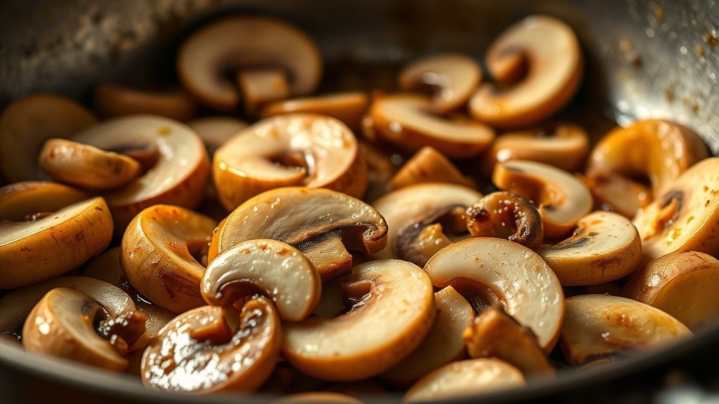 Ultra-close-up, photorealistic shot of sliced white mushrooms sautéing in a pan with the aromatics, showing their softening texture and earthy brown color, enhanced by warm golden yellow (#fdc754) light. 16:9 widescreen aspect ratio, no text.