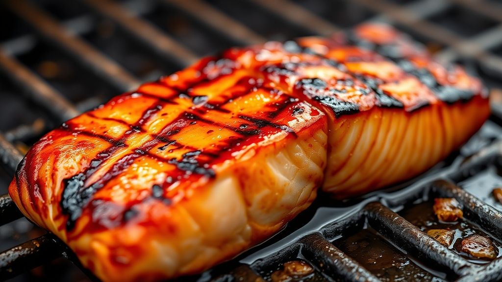 Extreme close-up of a perfectly caramelized Asian glazed salmon fillet on the grill, with beautiful char marks and a glossy, slightly sticky exterior. The flesh is tender and just starting to flake. The scene has a rich golden yellow (#fdc754) and brown palette. 16:9 aspect ratio.