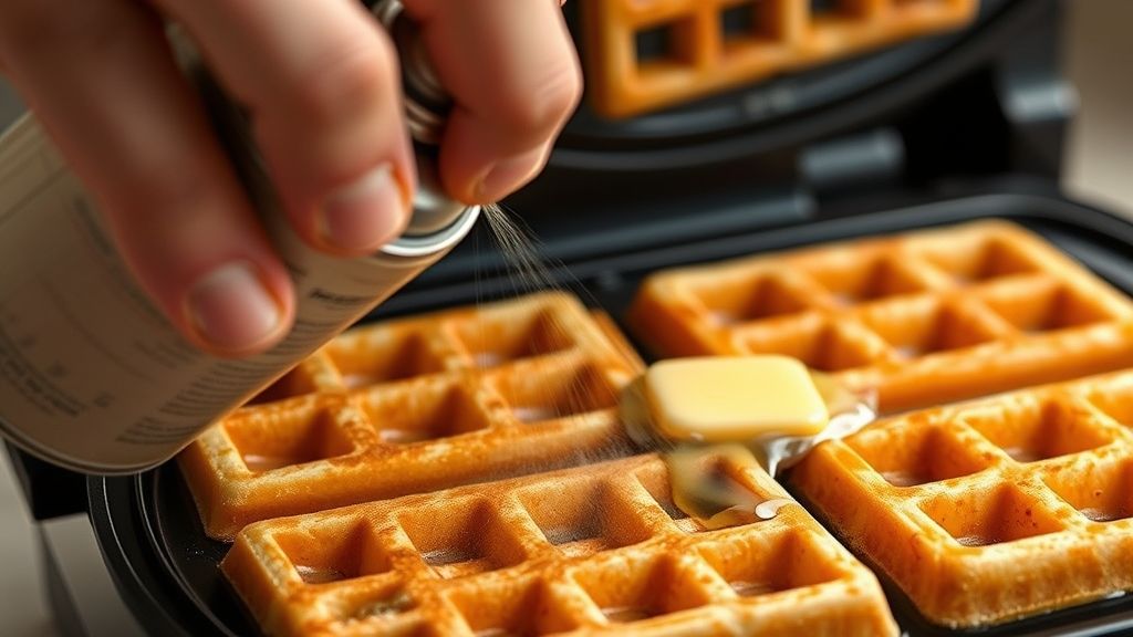 A hand holding a can of non-stick cooking spray lightly misting the hot, non-stick plates of an open electric waffle maker. Alternatively, a silicone pastry brush applying melted butter to the plates. The surface should show a slight sheen from the oil.
