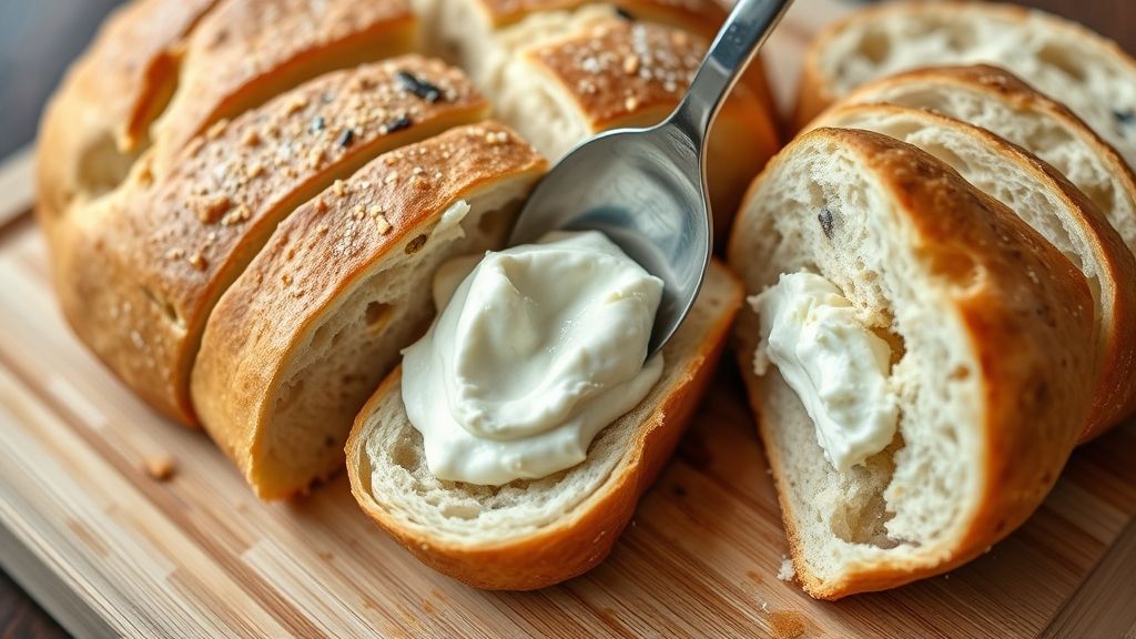A loaf of Italian bread on a cutting board, with partially sliced segments and one slice cut open to reveal a cream cheese filling being carefully spooned into a pocket, demonstrating the stuffing process.